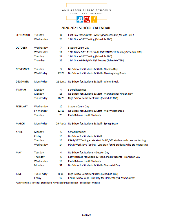 2020-2021 School Calendar 2020-2021 School Calendar